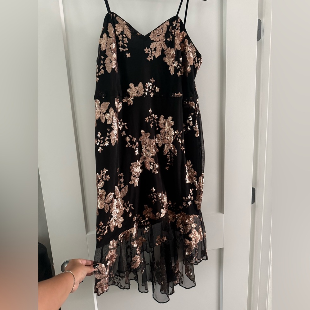Black and Gold Floral Sequin Hi/Low Dress